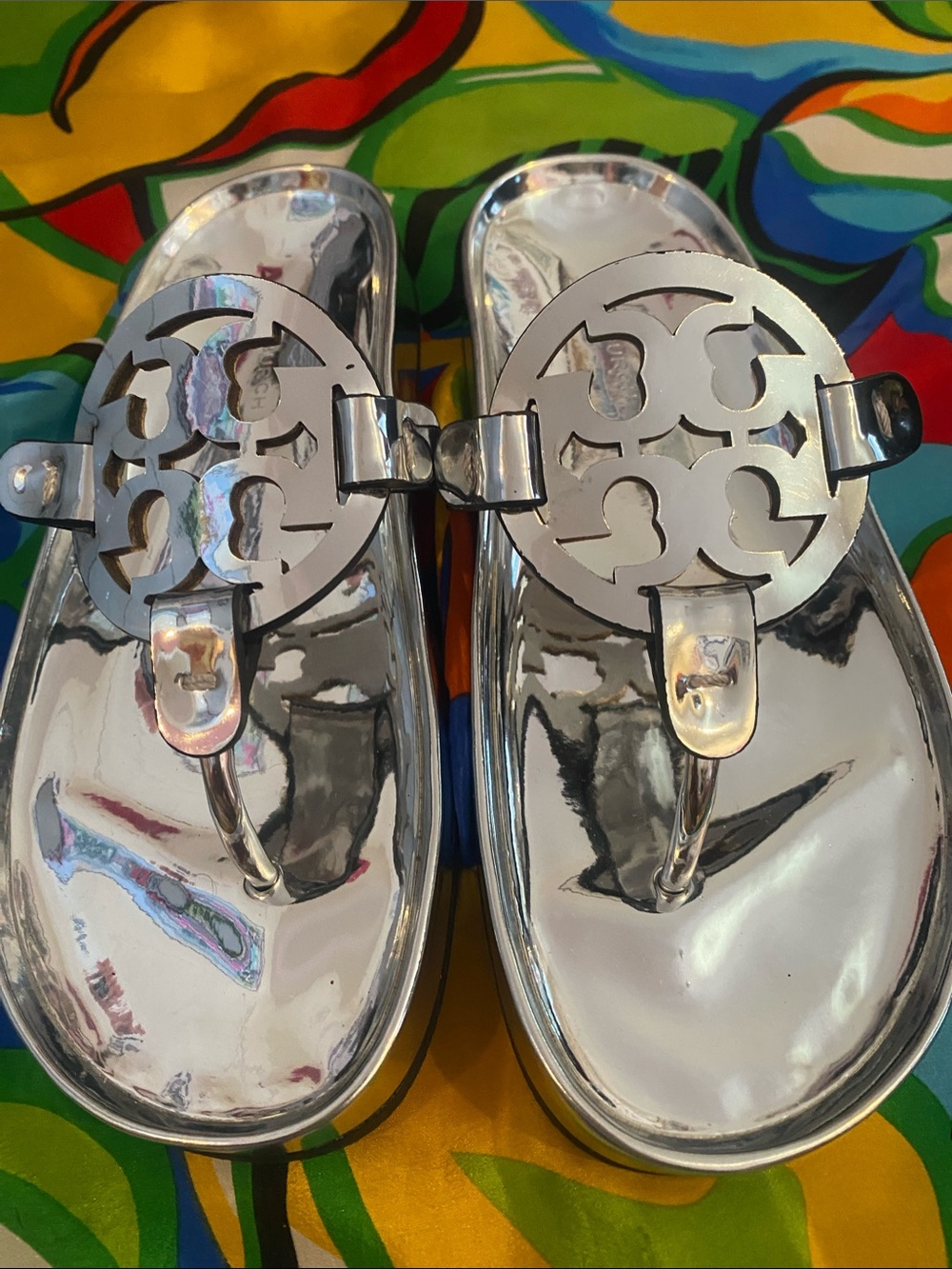 Tory Burch Metallic Silver Logo Thong Sandals